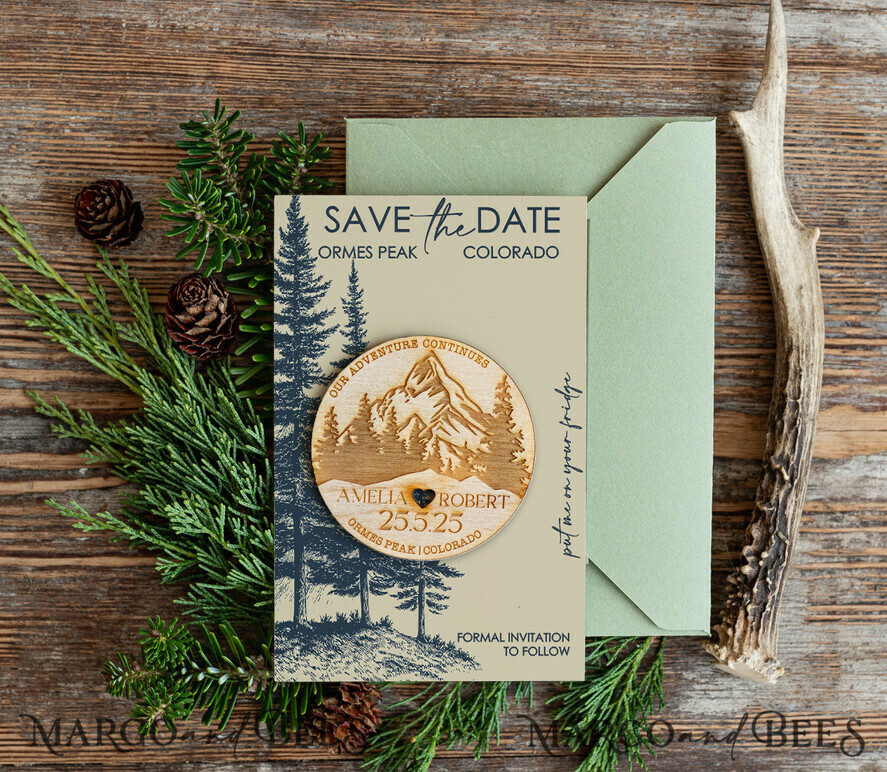 DATEN MERKEN Strand-Reise-Magnete Personalisierte Wald Berge Save the Date Magneten und Karten, Reisehochzeit Save Our Dates, Wald Holzscheibenmagneten