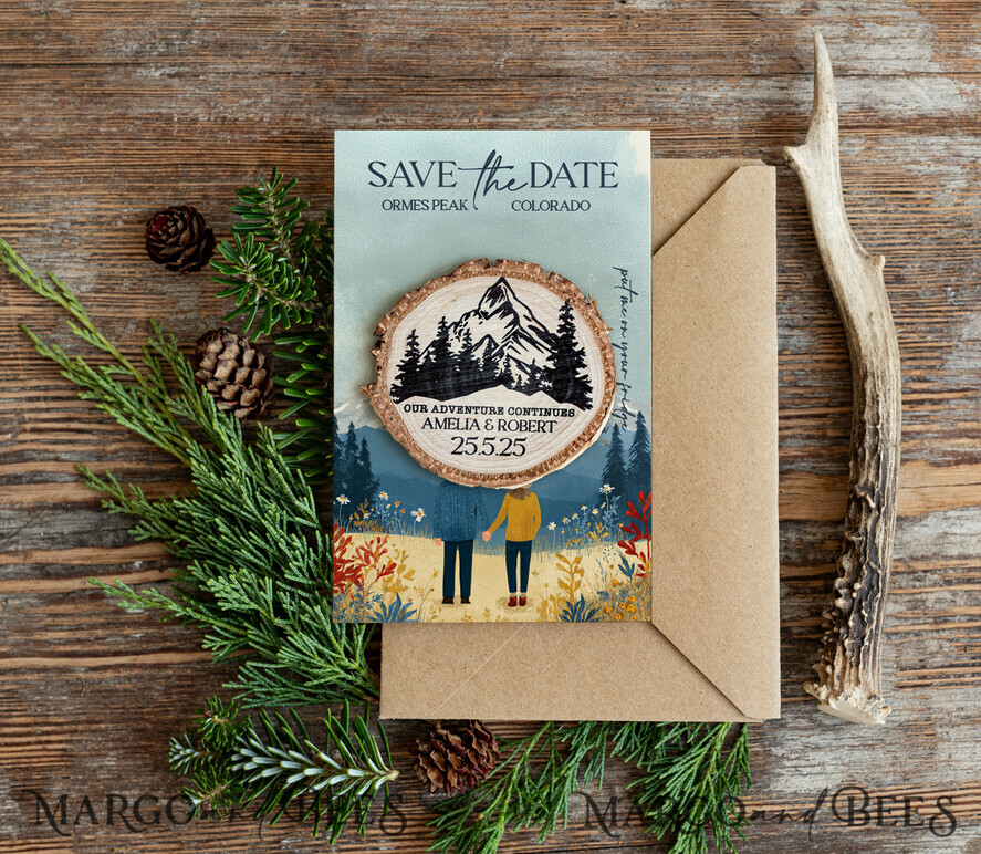 DATEN MERKEN Strand-Reise-Magnete Personalisierte Waldgebirgs-Save-the-Date-Magnete und -Karten, Reisehochzeit-Save-the-Dates, Wald-Holzscheibenmagnete