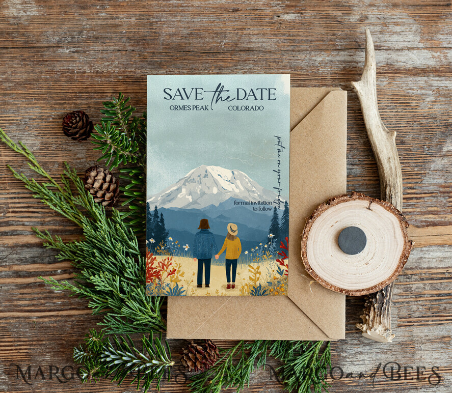 DATEN MERKEN Strand-Reise-Magnete Personalisierte Waldgebirgs-Save-the-Date-Magnete und -Karten, Reisehochzeit-Save-the-Dates, Wald-Holzscheibenmagnete