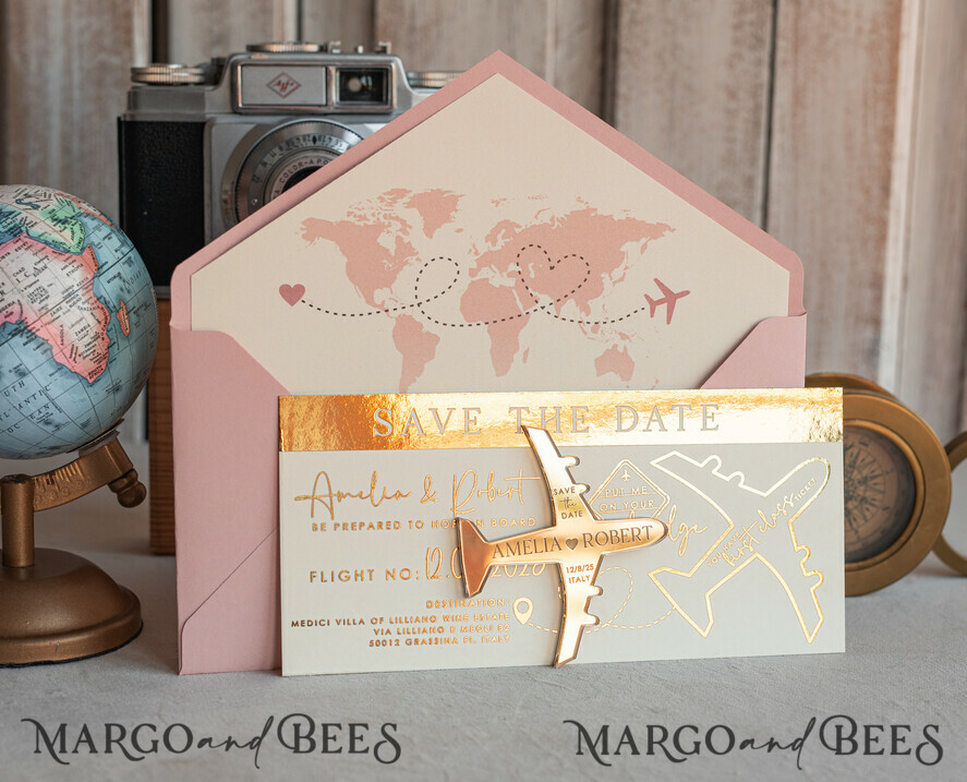 SAVE THE DATES beach travel magnets Blush Pink golden airplane magnet Save The Date Cards boardingpass travel airplane save the dates destination wedding magnets