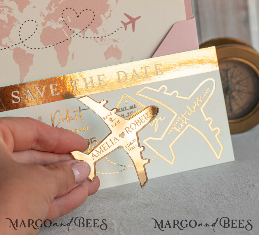 SAVE THE DATES beach travel magnets Blush Pink golden airplane magnet Save The Date Cards boardingpass travel airplane save the dates destination wedding magnets