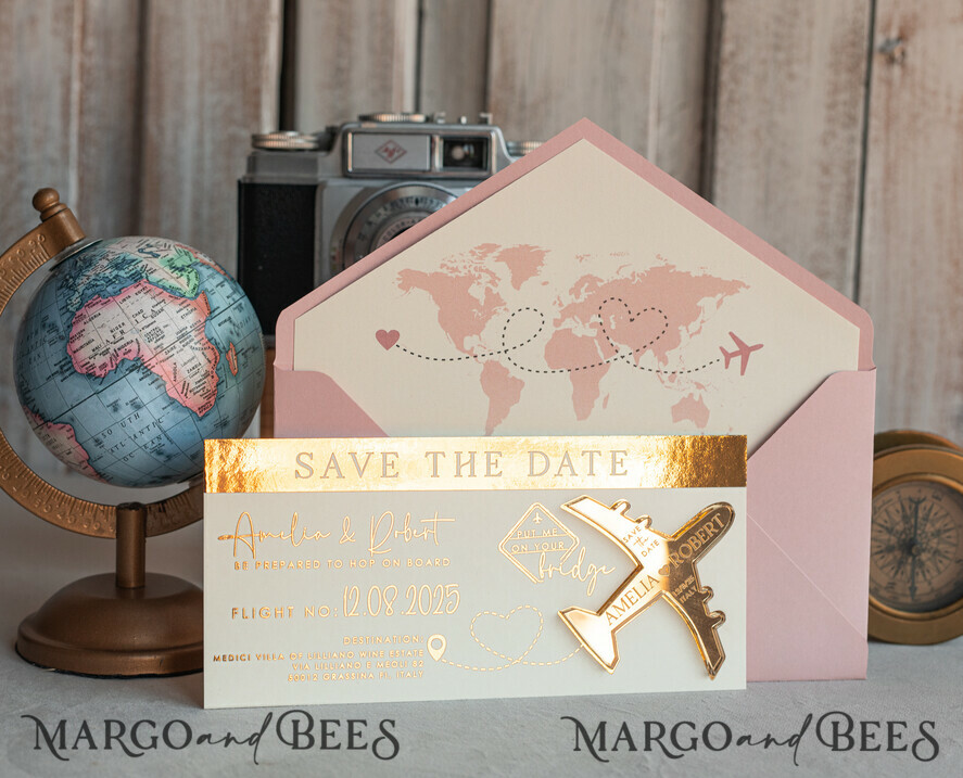 SAVE THE DATES beach travel magnets Blush Pink golden airplane magnet Save The Date Cards boardingpass travel airplane save the dates destination wedding magnets