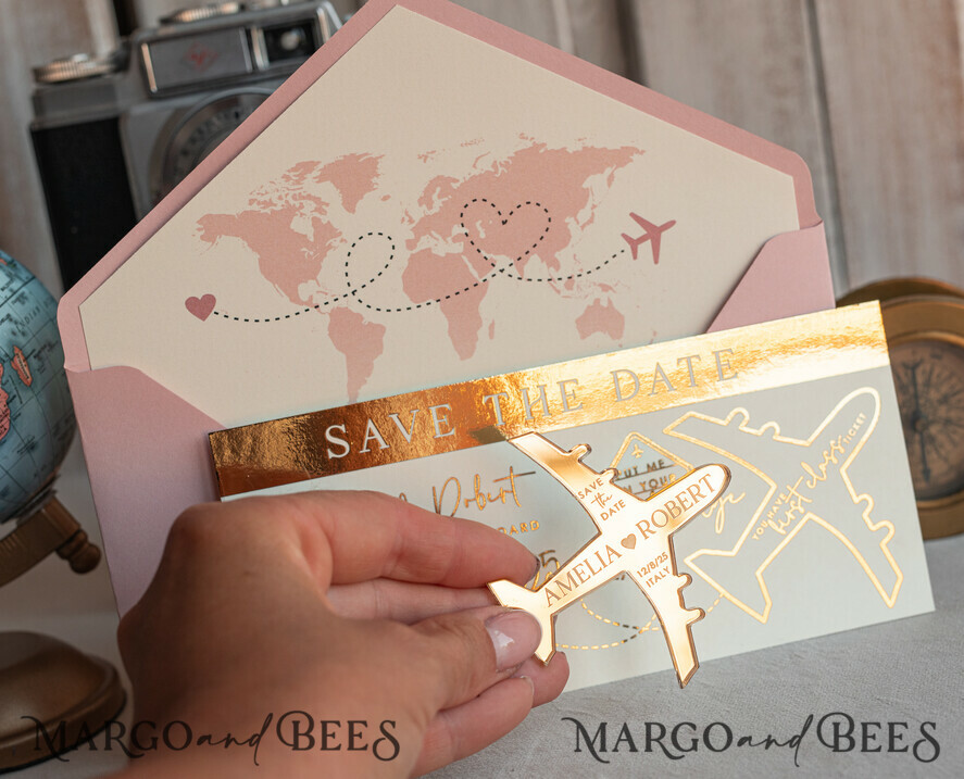 SAVE THE DATES beach travel magnets Blush Pink golden airplane magnet Save The Date Cards boardingpass travel airplane save the dates destination wedding magnets