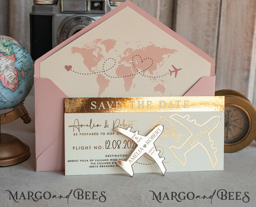 SAVE THE DATES beach travel magnets Blush Pink golden airplane magnet Save The Date Cards boardingpass travel airplane save the dates destination wedding magnets