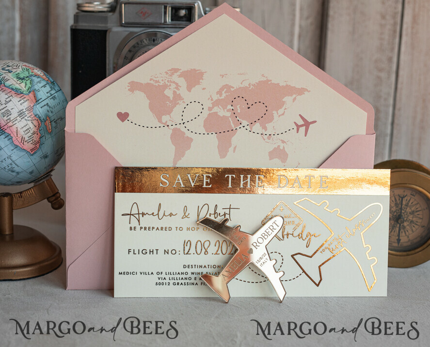 SAVE THE DATES beach travel magnets Blush Pink golden airplane magnet Save The Date Cards boardingpass travel airplane save the dates destination wedding magnets