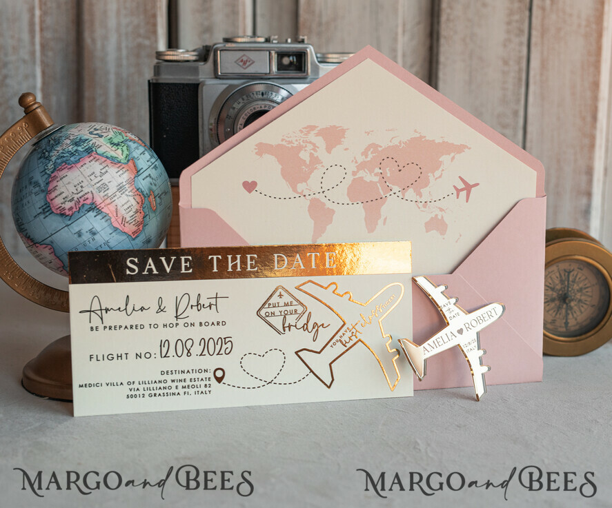 SAVE THE DATES beach travel magnets Blush Pink golden airplane magnet Save The Date Cards boardingpass travel airplane save the dates destination wedding magnets