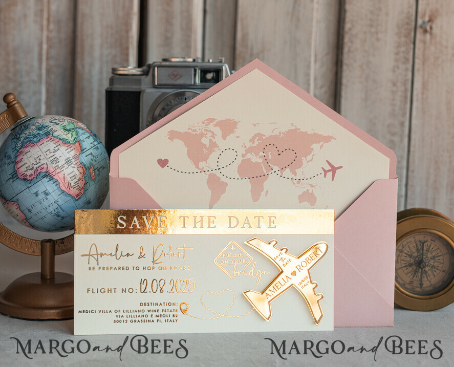 SAVE THE DATES beach travel magnets Blush Pink golden airplane magnet Save The Date Cards boardingpass travel airplane save the dates destination wedding magnets