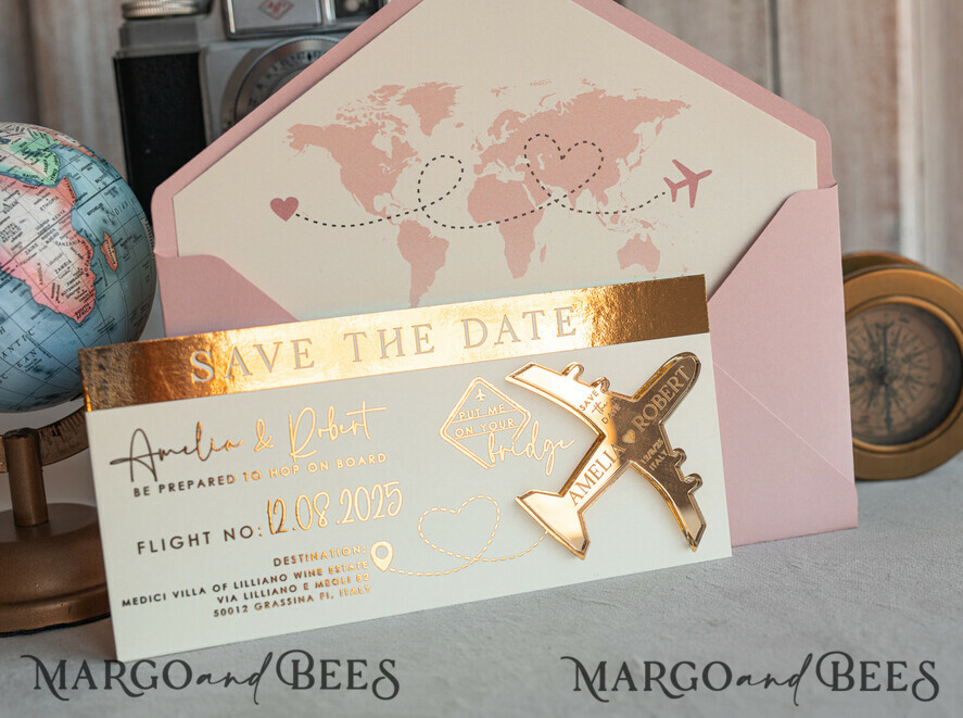 SAVE THE DATES beach travel magnets Blush Pink golden airplane magnet Save The Date Cards boardingpass travel airplane save the dates destination wedding magnets