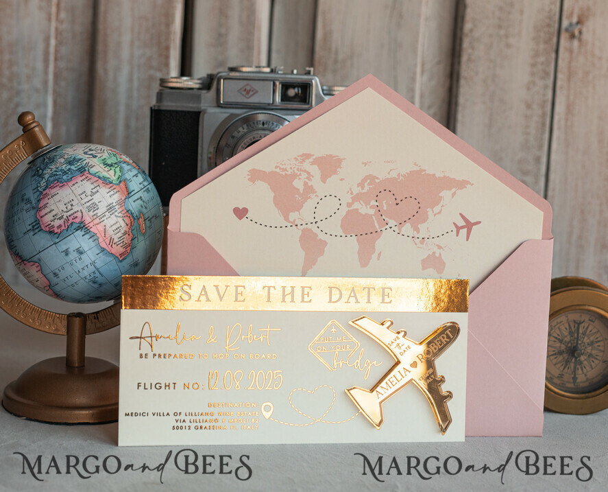 SAVE THE DATES beach travel magnets Blush Pink golden airplane magnet Save The Date Cards boardingpass travel airplane save the dates destination wedding magnets