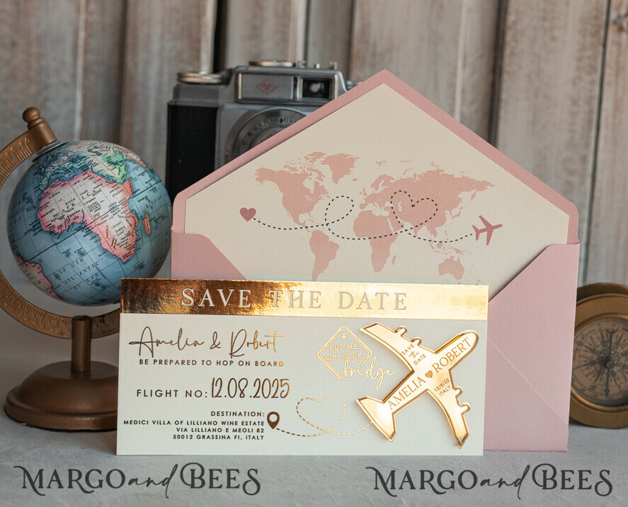 SAVE THE DATES beach travel magnets Blush Pink golden airplane magnet Save The Date Cards boardingpass travel airplane save the dates destination wedding magnets