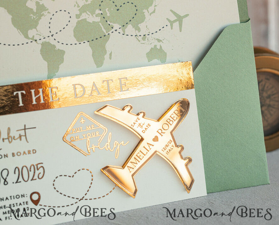 SAVE THE DATES beach travel magnets Sage green golden airplane magnet Save The Date Cards boardingpass travel airplane save the dates destination wedding magnets