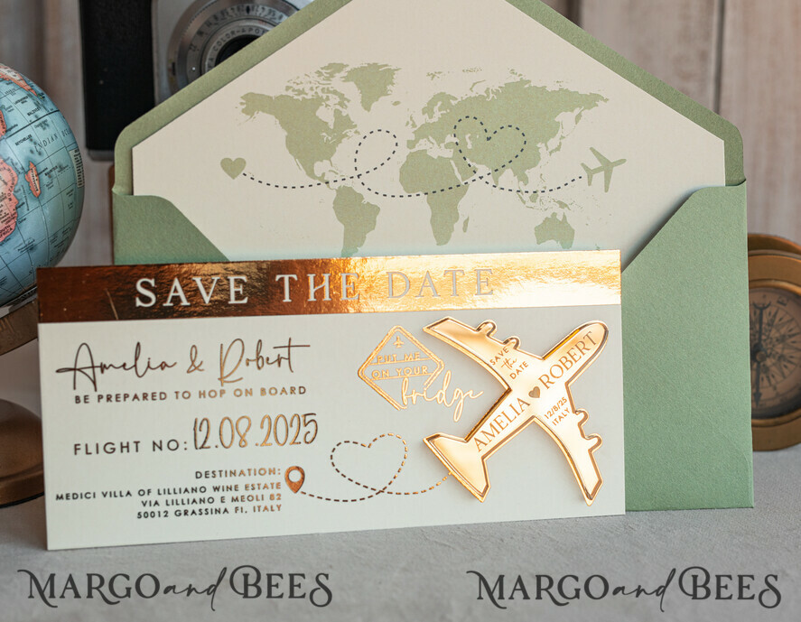 SAVE THE DATES beach travel magnets Sage green golden airplane magnet Save The Date Cards boardingpass travel airplane save the dates destination wedding magnets