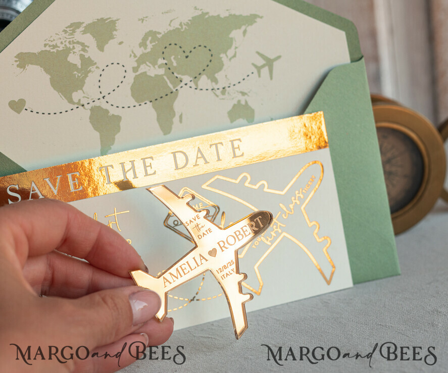 SAVE THE DATES beach travel magnets Sage green golden airplane magnet Save The Date Cards boardingpass travel airplane save the dates destination wedding magnets