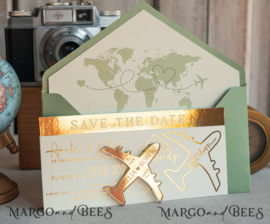 SAVE THE DATES beach travel magnets Sage green golden airplane magnet Save The Date Cards boardingpass travel airplane save the dates destination wedding magnets