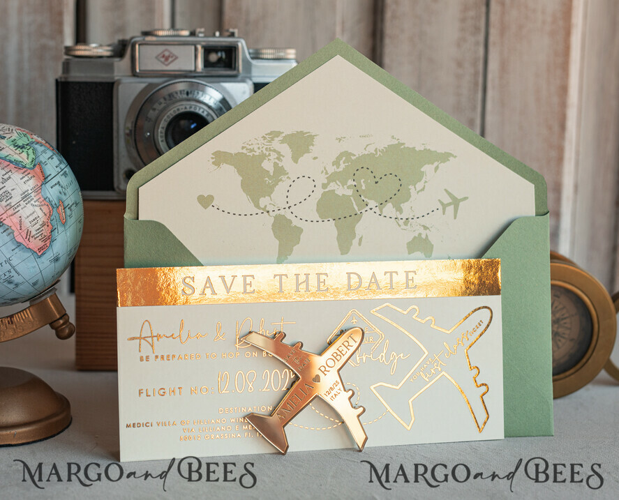 SAVE THE DATES beach travel magnets Sage green golden airplane magnet Save The Date Cards boardingpass travel airplane save the dates destination wedding magnets