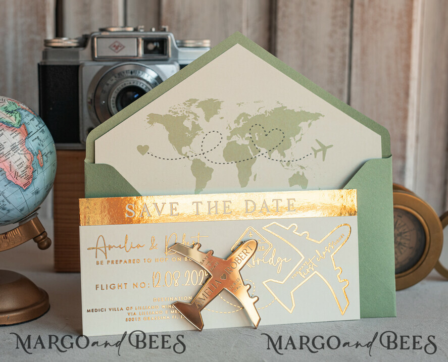 SAVE THE DATES beach travel magnets Sage green golden airplane magnet Save The Date Cards boardingpass travel airplane save the dates destination wedding magnets