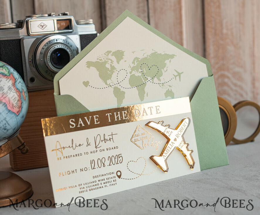 SAVE THE DATES beach travel magnets Sage green golden airplane magnet Save The Date Cards boardingpass travel airplane save the dates destination wedding magnets