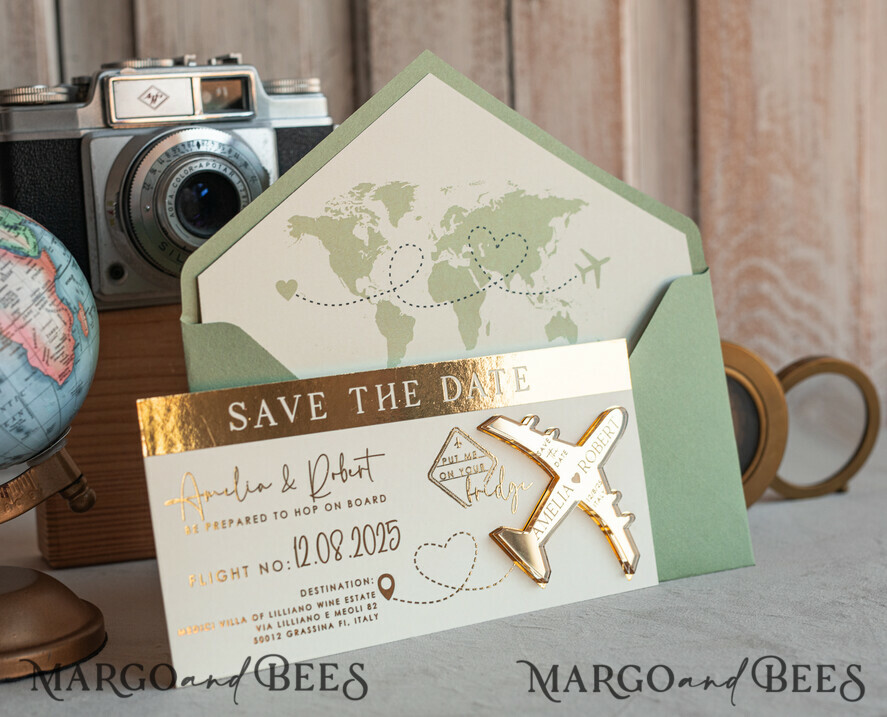 SAVE THE DATES beach travel magnets Sage green golden airplane magnet Save The Date Cards boardingpass travel airplane save the dates destination wedding magnets