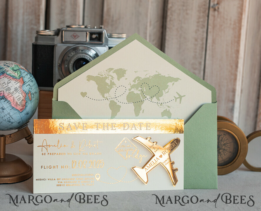 SAVE THE DATES beach travel magnets Sage green golden airplane magnet Save The Date Cards boardingpass travel airplane save the dates destination wedding magnets