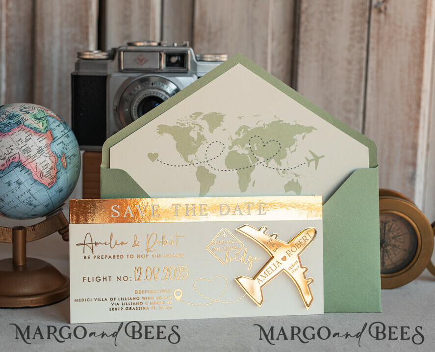 SAVE THE DATES beach travel magnets Sage green golden airplane magnet Save The Date Cards boardingpass travel airplane save the dates destination wedding magnets