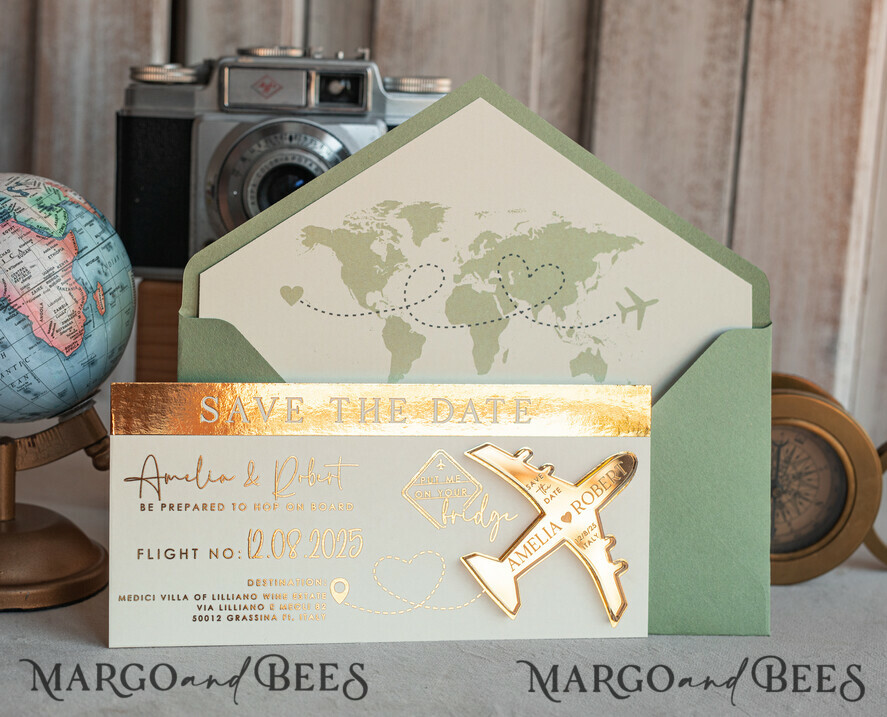 SAVE THE DATES beach travel magnets Sage green golden airplane magnet Save The Date Cards boardingpass travel airplane save the dates destination wedding magnets
