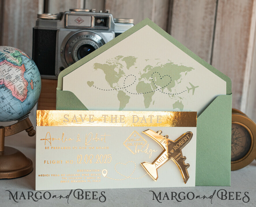 SAVE THE DATES beach travel magnets Sage green golden airplane magnet Save The Date Cards boardingpass travel airplane save the dates destination wedding magnets