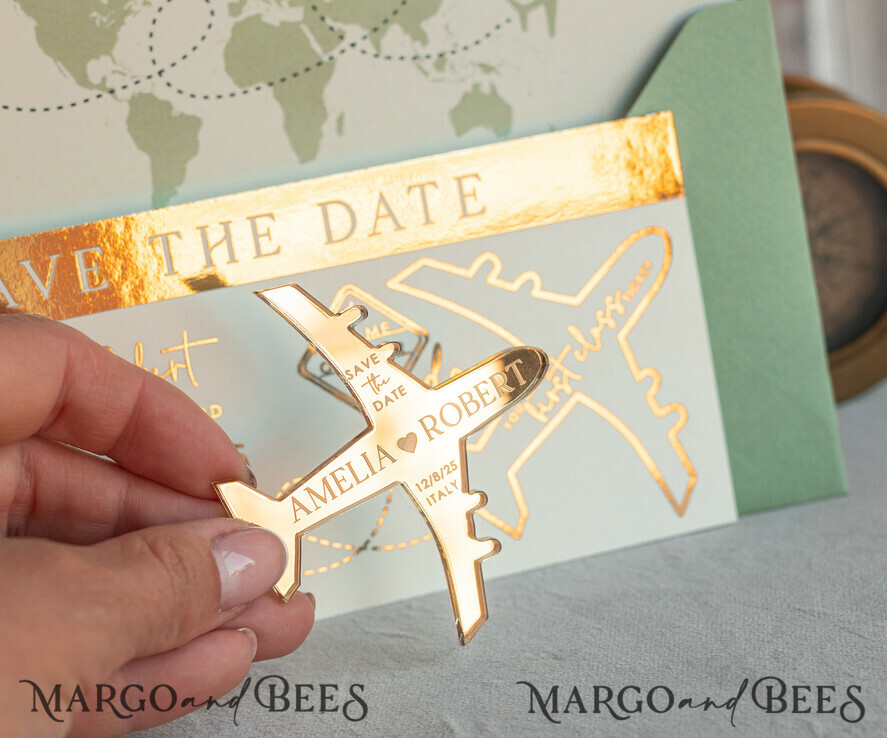 SAVE THE DATES beach travel magnets Sage green golden airplane magnet Save The Date Cards boardingpass travel airplane save the dates destination wedding magnets