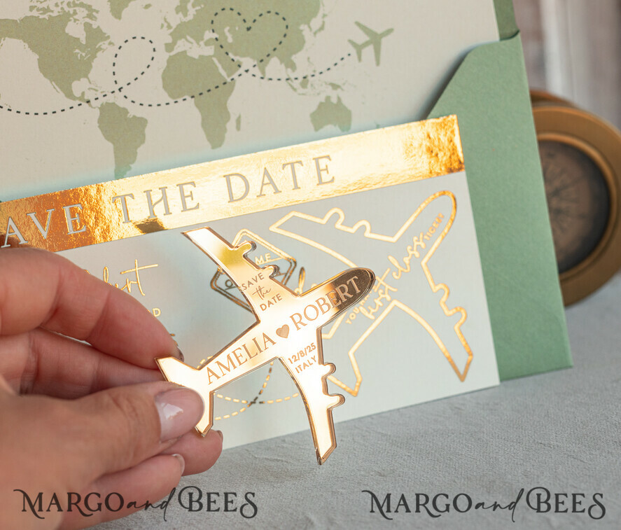 SAVE THE DATES beach travel magnets Sage green golden airplane magnet Save The Date Cards boardingpass travel airplane save the dates destination wedding magnets