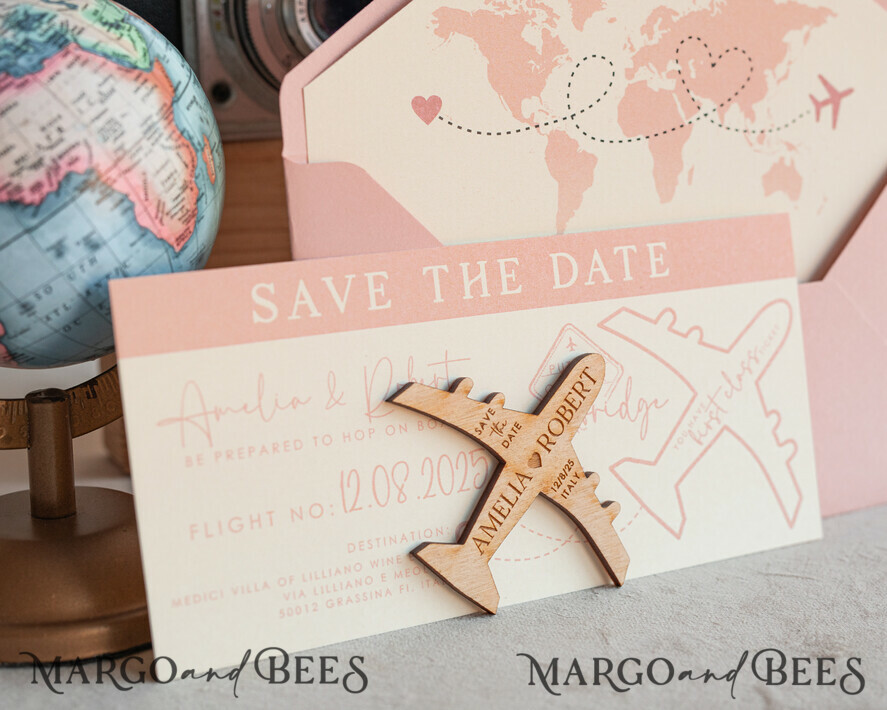 SAVE THE DATES beach travel magnets Blush Pink Wooden airplane magnet Save The Date Cards boardingpass travel airplane save the dates destination wedding magnets