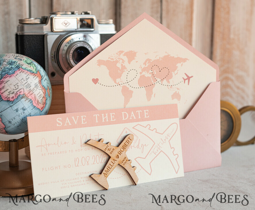 SAVE THE DATES beach travel magnets Blush Pink Wooden airplane magnet Save The Date Cards boardingpass travel airplane save the dates destination wedding magnets