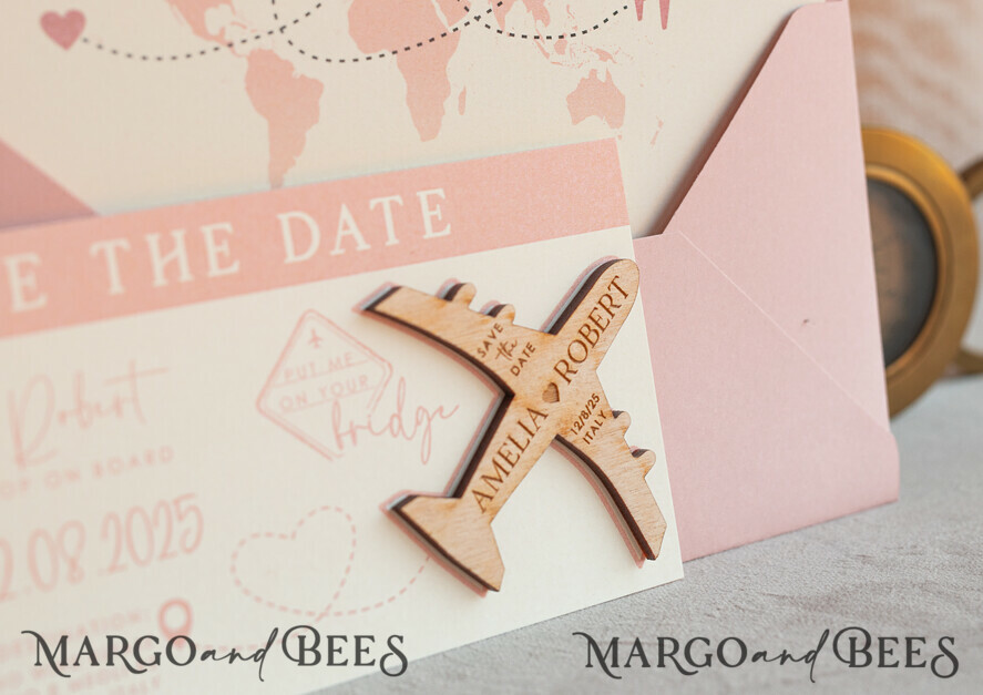 SAVE THE DATES beach travel magnets Blush Pink Wooden airplane magnet Save The Date Cards boardingpass travel airplane save the dates destination wedding magnets
