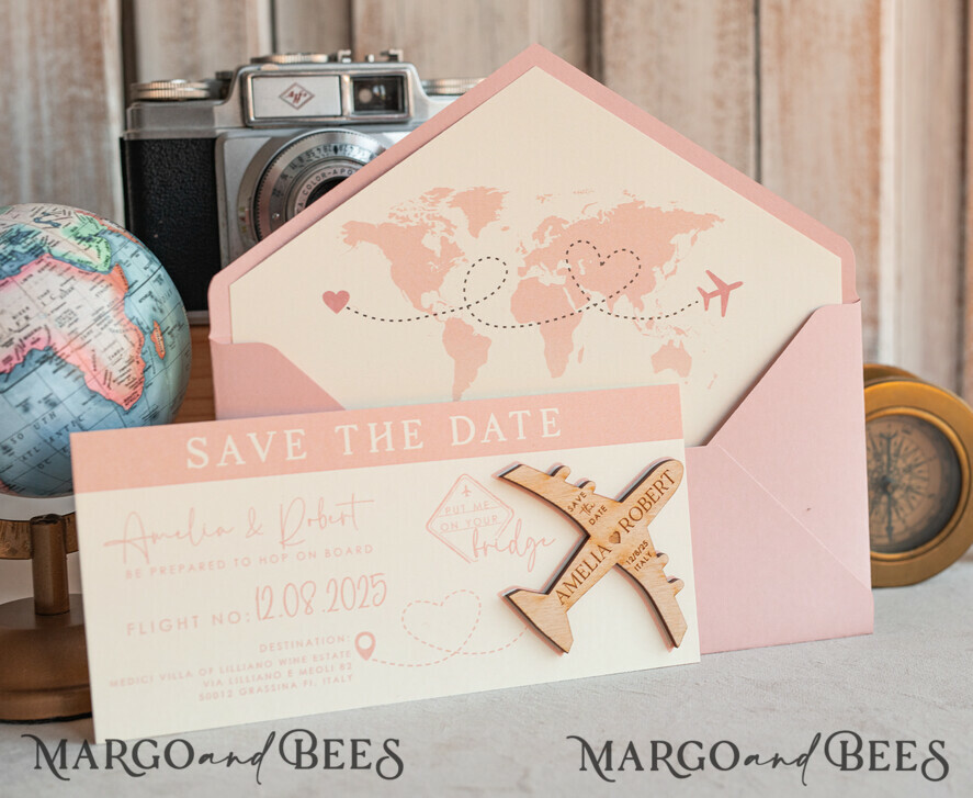 SAVE THE DATES beach travel magnets Blush Pink Wooden airplane magnet Save The Date Cards boardingpass travel airplane save the dates destination wedding magnets