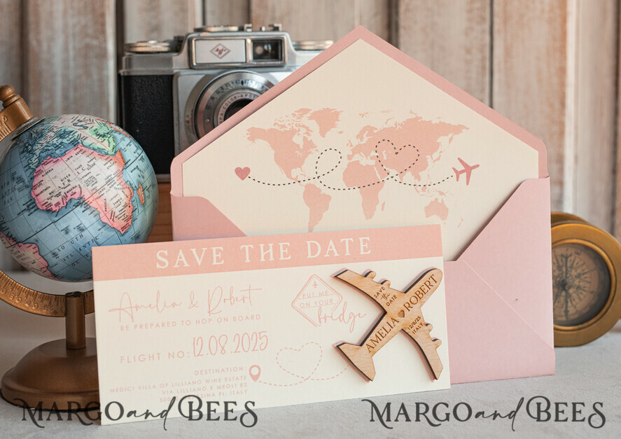 SAVE THE DATES beach travel magnets Blush Pink Wooden airplane magnet Save The Date Cards boardingpass travel airplane save the dates destination wedding magnets