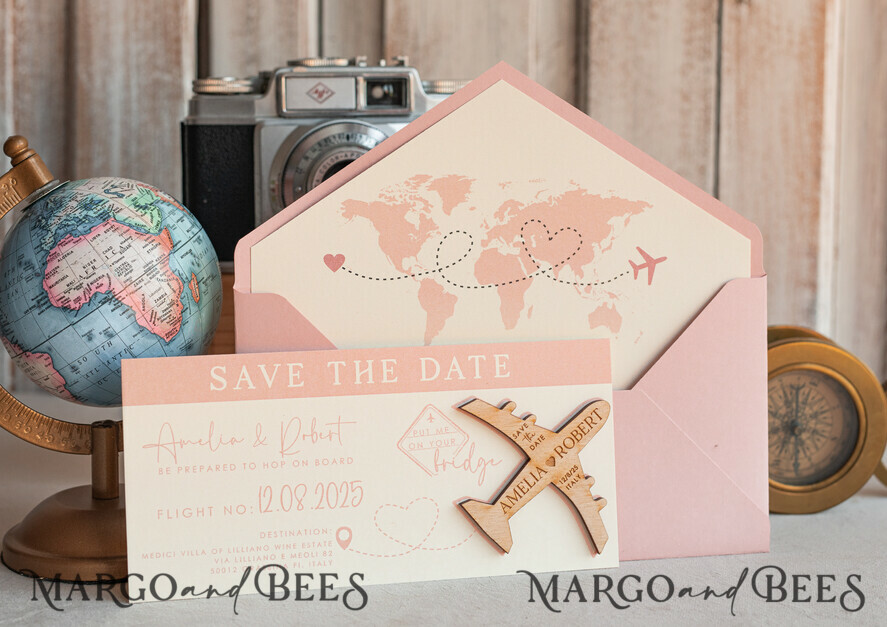 SAVE THE DATES beach travel magnets Blush Pink Wooden airplane magnet Save The Date Cards boardingpass travel airplane save the dates destination wedding magnets