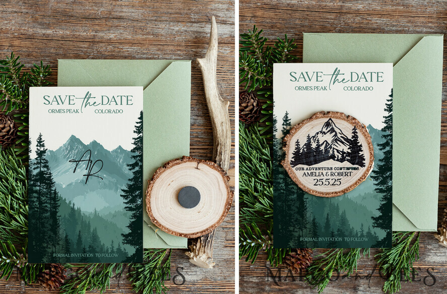 DATEN MERKEN Strand-Reise-Magnete Personalisierte Waldgebirgs-Save-the-Date-Magnete und -Karten, Reise-Hochzeit-Save-the-Dates, Wald-Holzscheiben-Magnete