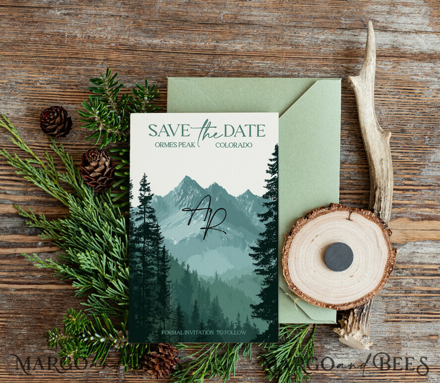 DATEN MERKEN Strand-Reise-Magnete Personalisierte Waldgebirgs-Save-the-Date-Magnete und -Karten, Reise-Hochzeit-Save-the-Dates, Wald-Holzscheiben-Magnete