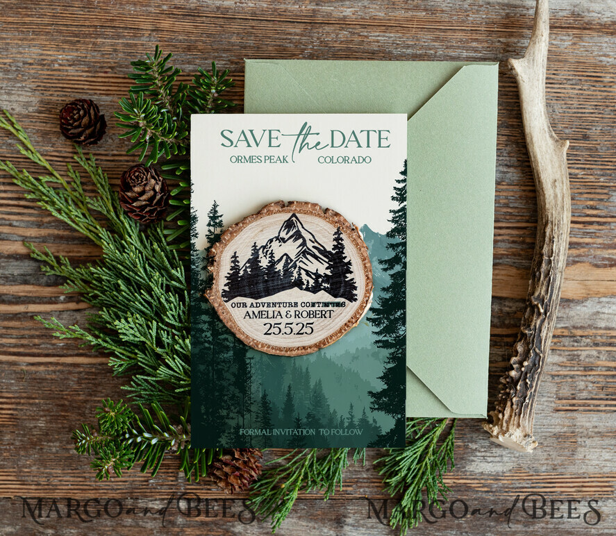 DATEN MERKEN Strand-Reise-Magnete Personalisierte Waldgebirgs-Save-the-Date-Magnete und -Karten, Reise-Hochzeit-Save-the-Dates, Wald-Holzscheiben-Magnete