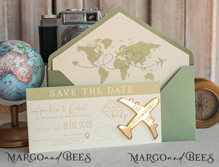 SAVE THE DATES beach travel magnets Sage green golden airplane magnet Save The Date Cards boardingpass travel airplane save the dates destination wedding magnets