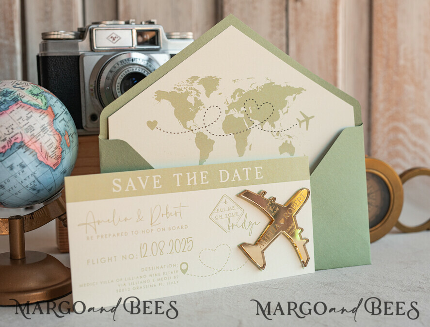 SAVE THE DATES beach travel magnets Sage green golden airplane magnet Save The Date Cards boardingpass travel airplane save the dates destination wedding magnets