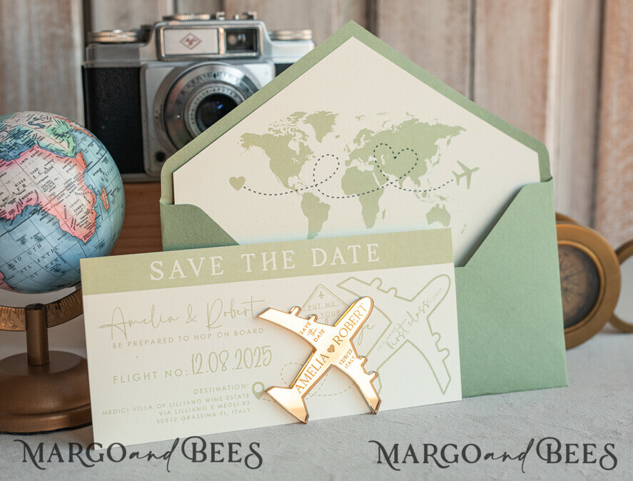 SAVE THE DATES beach travel magnets Sage green golden airplane magnet Save The Date Cards boardingpass travel airplane save the dates destination wedding magnets