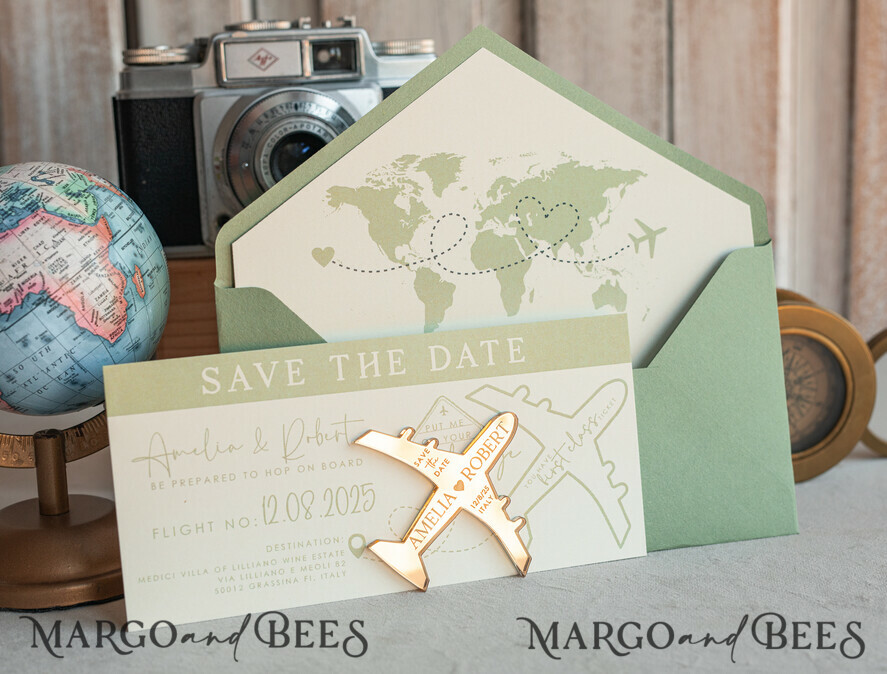 SAVE THE DATES beach travel magnets Sage green golden airplane magnet Save The Date Cards boardingpass travel airplane save the dates destination wedding magnets
