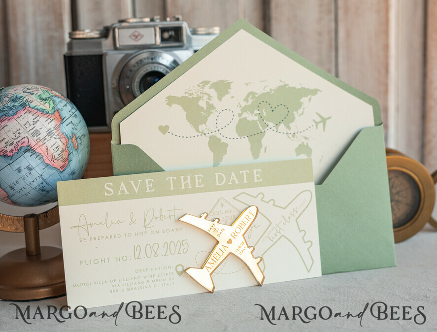 SAVE THE DATES beach travel magnets Sage green golden airplane magnet Save The Date Cards boardingpass travel airplane save the dates destination wedding magnets