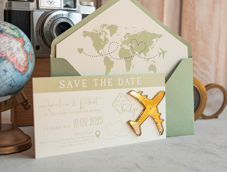 SAVE THE DATES beach travel magnets Sage green golden airplane magnet Save The Date Cards boardingpass travel airplane save the dates destination wedding magnets