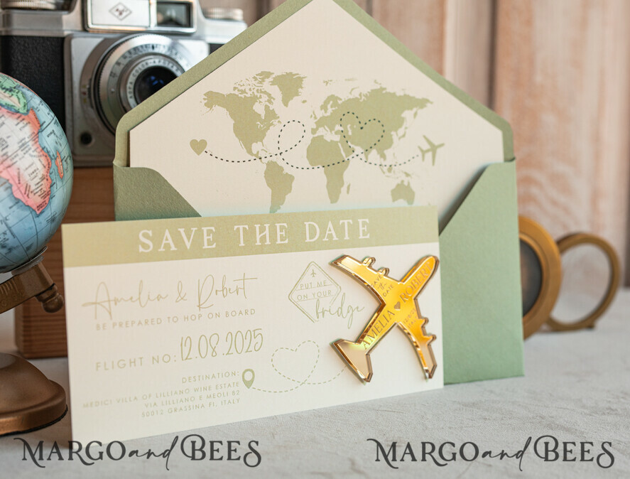 SAVE THE DATES beach travel magnets Sage green golden airplane magnet Save The Date Cards boardingpass travel airplane save the dates destination wedding magnets