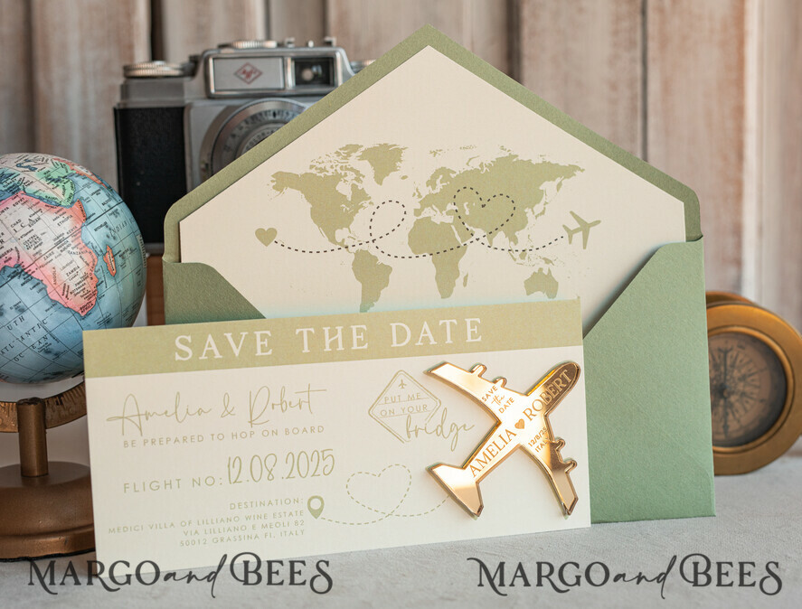 SAVE THE DATES beach travel magnets Sage green golden airplane magnet Save The Date Cards boardingpass travel airplane save the dates destination wedding magnets