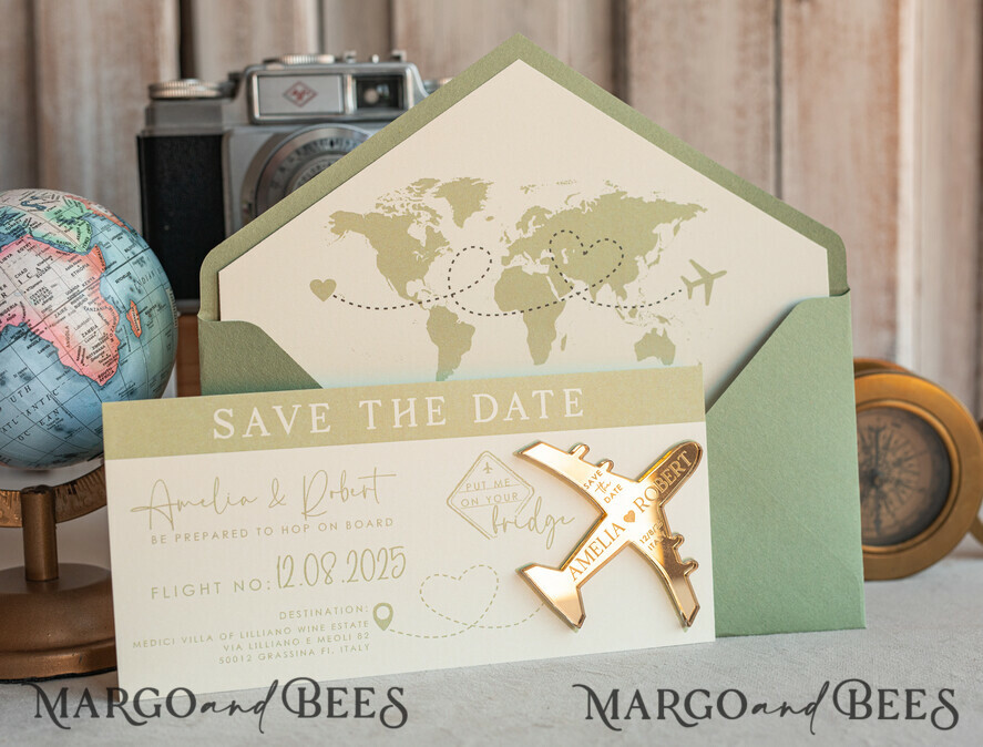 SAVE THE DATES beach travel magnets Sage green golden airplane magnet Save The Date Cards boardingpass travel airplane save the dates destination wedding magnets