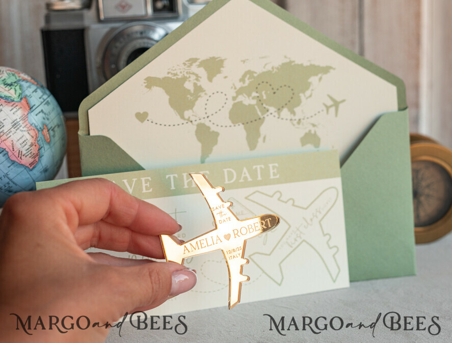 SAVE THE DATES beach travel magnets Sage green golden airplane magnet Save The Date Cards boardingpass travel airplane save the dates destination wedding magnets