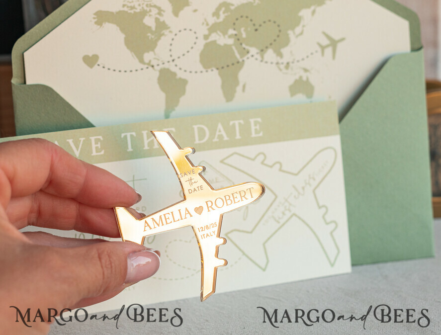 SAVE THE DATES beach travel magnets Sage green golden airplane magnet Save The Date Cards boardingpass travel airplane save the dates destination wedding magnets
