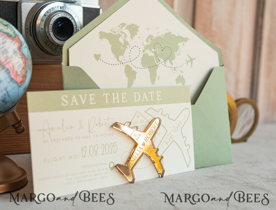 SAVE THE DATES beach travel magnets Sage green golden airplane magnet Save The Date Cards boardingpass travel airplane save the dates destination wedding magnets