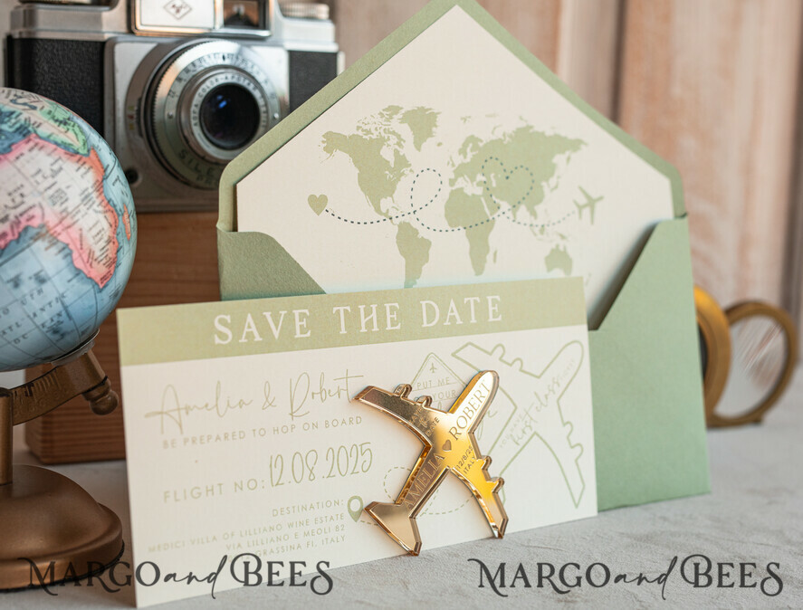 SAVE THE DATES beach travel magnets Sage green golden airplane magnet Save The Date Cards boardingpass travel airplane save the dates destination wedding magnets